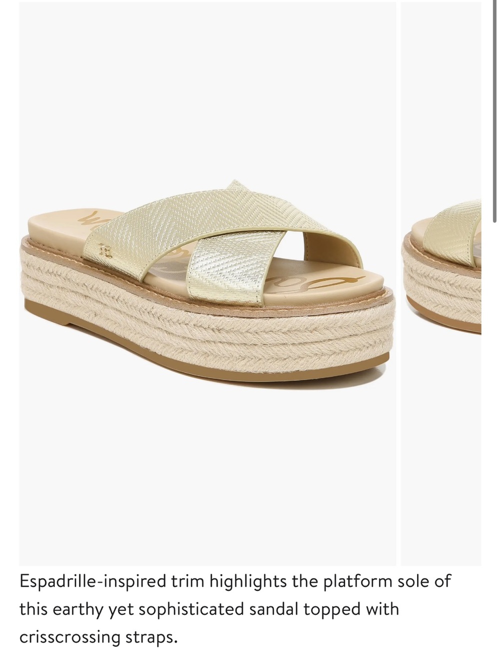 Sam Edelman Metallic Cream Crisscross Espadrille Platform Slide
